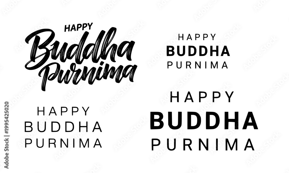 Fototapeta premium Happy Buddha Purnima typography bundle set featuring four unique lettering styles including brush script, bold, and modern fonts, perfect for greeting cards, posters, stickers, and Vesak festival desi