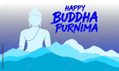 
Happy Buddha Purnima greeting card featuring a serene Gautama Buddha silhouette meditating against blue mountains, celebrating Vesak, Buddha Jayanti, and the spirit of peace and enlightenment.