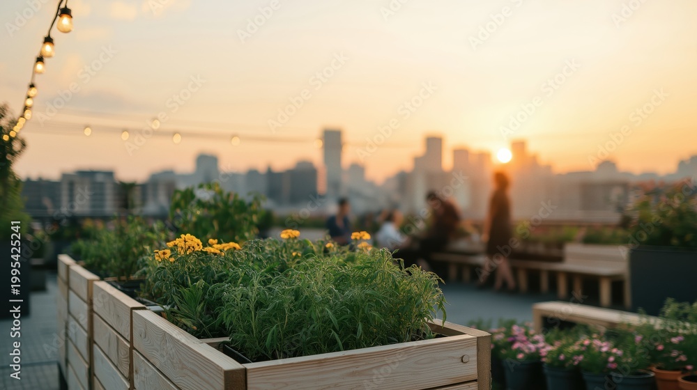 Fototapeta premium People enjoying a vibrant rooftop garden with city views at golden hour, fostering urban connection and sustainable living