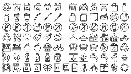 Recycling, waste reduction, and sustainable living outline icon collection for eco campaign, environmental app, or green lifestyle platform design