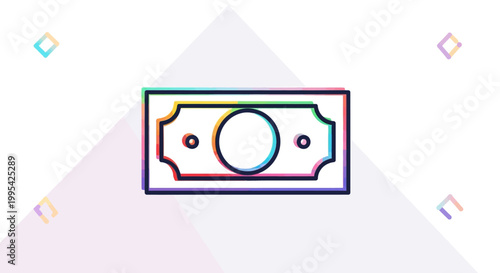 Abstract colorful glitch effect banknote icon representing digital finance and modern money concepts