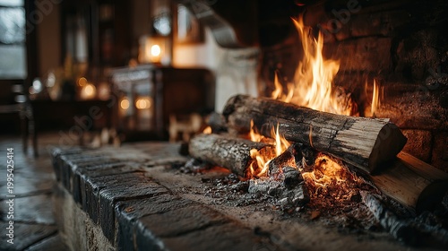 Cozy Warm Burning Fireplace with Glowing Logs and Embers on a Rustic Brick Hearth in Home Interior
