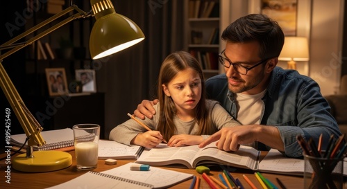 Fathers Day father and daughter studying together at home under warm light with books and pencils on table