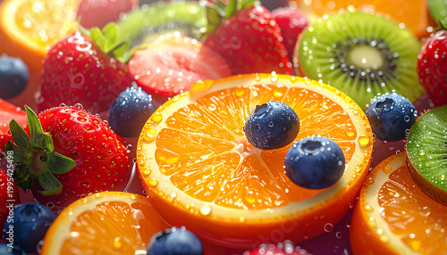 Vibrant Assortment of Fresh Fruits Including Oranges Strawberries Blueberries and Kiwis.