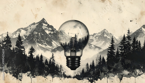 Surreal Landscape Inside a Light Bulb with Mountains and Forest.