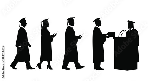 Graduates in caps and gowns walking and giving a speech at a podium