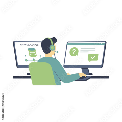 Support Agent at Dual Monitors with Headset.