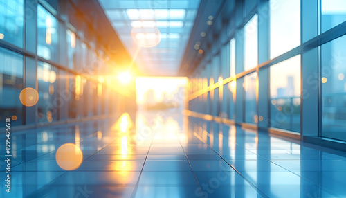 Modern glass walkway with bright sun flare and city skyline.