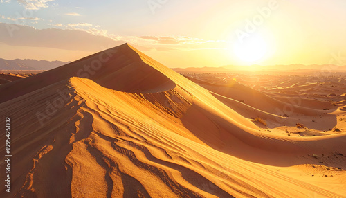Golden Desert Dunes at Sunset with Sunbeams.
