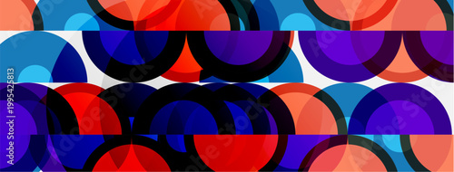 Abstract pattern features overlapping colorful circles. Vibrant hues create dynamic, repeating visual texture. Modern design element.
