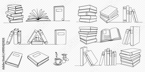 Collection of hand-drawn book illustrations in various arrangements and styles.