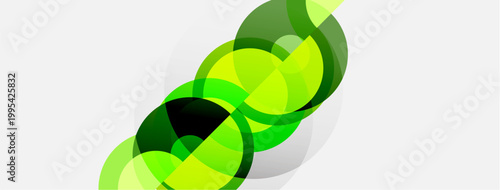 Abstract green circles overlap, creating dynamic visual effect. Light, dark shades blend, forming modern design element.