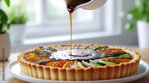 Delicious Vegetable Tart with Sauce Being Poured on Top.