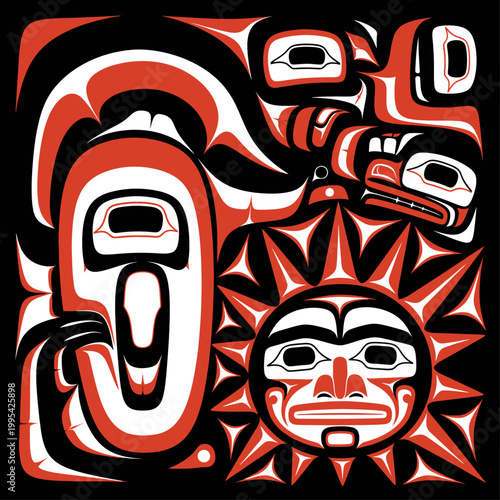 Vibrant red, black, and white formline art intricately weaves a radiant sun face with stylized, abstract animal motifs, reflecting the bold, traditional aesthetics of Pacific Northwest coast cultures