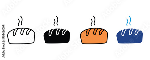 Freshly baked bread loaf icon vector set. Hot bakery food product, organic wheat pastry, and homemade breakfast toast symbol.