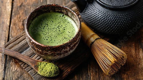 Authentic Traditional Green Matcha Tea Set with Whisk, Powder, and Teapot on Rustic Wooden Table