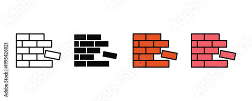Brick wall construction icon vector set. Industrial masonry building material, renovation architecture, and stonework structure symbol.