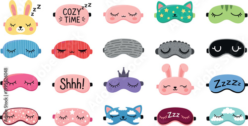 Cute sleep masks vector set with cartoon animals and cozy bedtime eye masks collection for rest relaxation and night routine