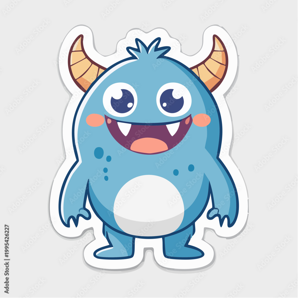 Fototapeta premium Cute Blue Cartoon Monster with Horns and Big Eyes