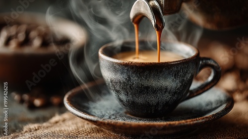 Close-up Dark Moody Aesthetic of Espresso Coffee Pouring into Rustic Ceramic Cup with Steam Beverage