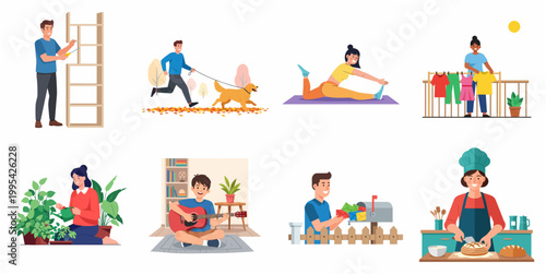 Flat Illustration People Doing Daily Activities and Hobby at Home