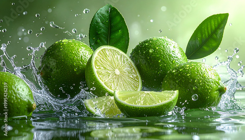 A vibrant close-up showcases fresh limes splashing in water, highlighting their bright green color and juicy texture against a blurred green background.