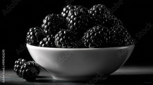 Artistic Monochrome Close up Still Life of Fresh Ripe Blackberry Fruit in White Ceramic Bowl on Dark Background