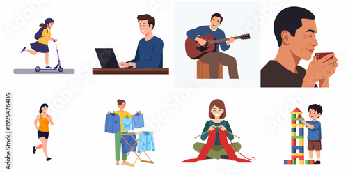Diverse People Lifestyle Illustration Character Doing Various Activities at Home