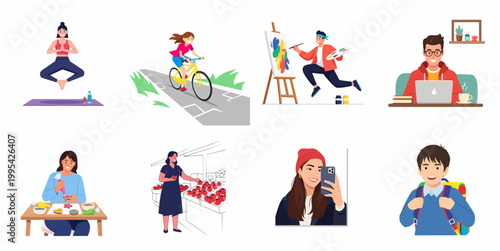 Flat Illustration Various People Engaged in Different Daily Activities Lifestyle