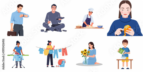 Flat Graphic People Performing Different Daily Activities and Hobbies Illustration