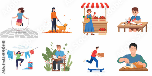 Flat Style Diverse Daily Life Activities Illustration Set with Happy People