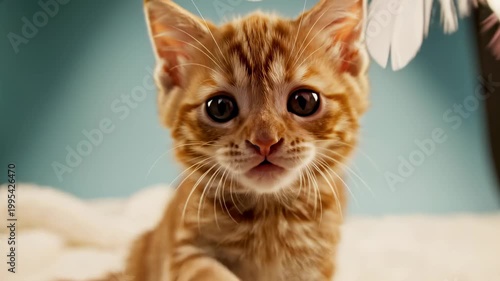 Adorable Kitten Plays with Feather Toy, Capturing Playful Moments.