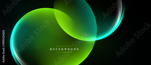 Abstract design features overlapping luminous green curves. Dark background emphasizes bright shapes, creating modern visual effect.
