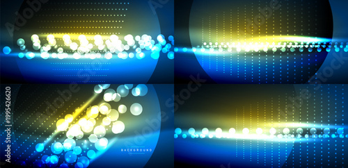 Abstract neon backgrounds. Bright lights, glowing particles, blue, yellow hues create dynamic visual effects. Modern design elements present.
