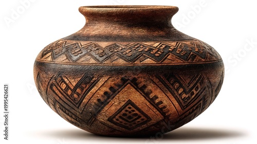 Traditional Handcrafted Brown Terracotta Ceramic Pot with Intricate Geometric Patterns Art Decoration Object Isolated