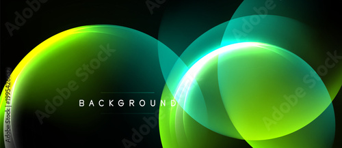 Abstract neon shapes overlap, creating vibrant green, teal glow. Dark background emphasizes luminous curves, modern design element.