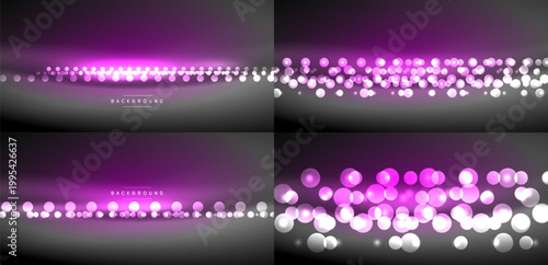 Purple gradients showcase sparkling bokeh effects. Four panels display varying densities, creating dynamic backgrounds. Soft light, elegant design.