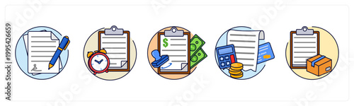 A set of 5 icons as contract, schedule, loan