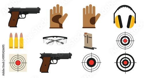 Firearm ammunition and protective gear displayed in a flat vector style