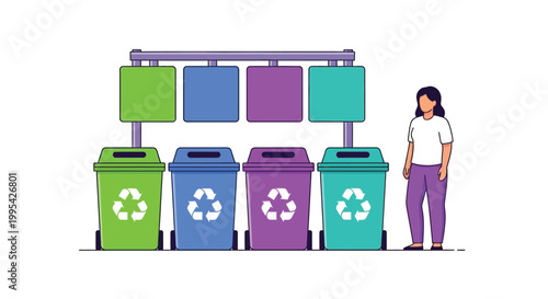 Woman standing near colorful recycling bins for waste separation
