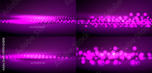 Purple backgrounds showcase glowing particle effects. Variations exist in density, size, distribution creating dynamic visuals.