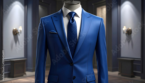 A sharply tailored blue suit is displayed on a mannequin in a modern, dimly lit showroom, showcasing its refined design and luxurious texture.