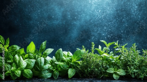Fresh herbs, vibrant greens, dark background, culinary display, stock photo
