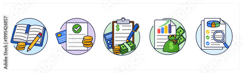 A set of 5 icons as book keeping, receipt, accounting