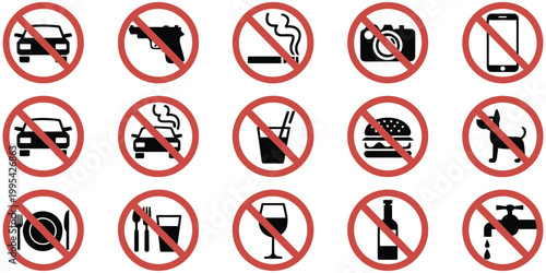 Prohibition Sign Set, Various No Symbol Icons Illustrating Rules and Regulations, Warning and Restriction Signs for Safety, Ban, Forbidden Actions, Flat Vector Illustration Collection
