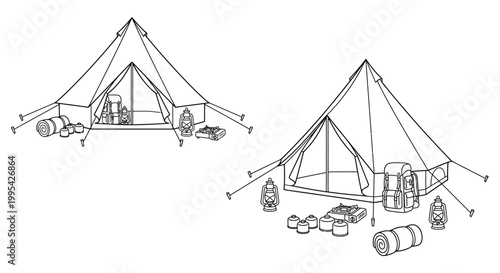 Line drawing of two bell tents with camping gear outside