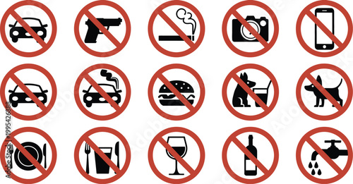 Prohibition Sign Set, Various No Symbol Icons Illustrating Rules and Regulations, Warning and Restriction Signs for Safety, Ban, Forbidden Actions, Flat Vector Illustration Collection