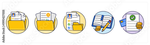 A set of 5 icons as file folder, file invoice, resume