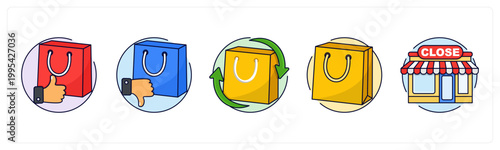 A set of 5 icons as like product, dislike product, exchange