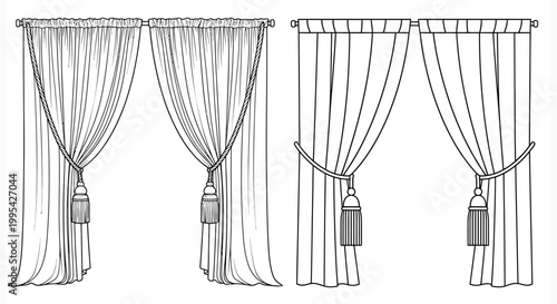 Sketch of elegant curtains with tiebacks and tassel details